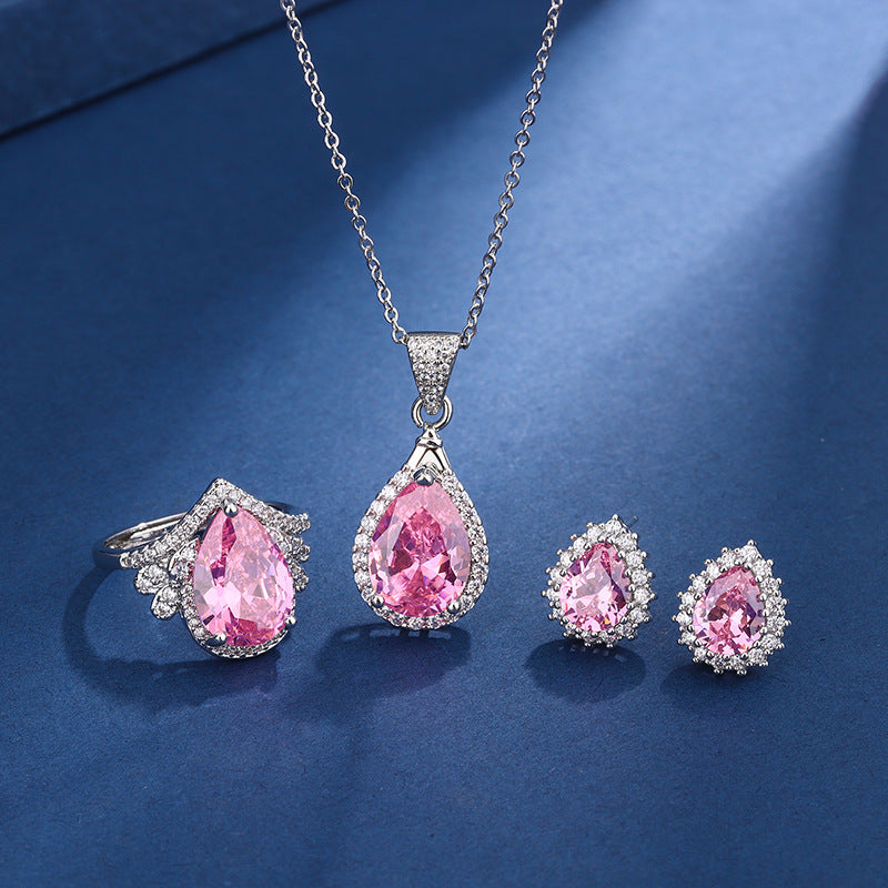 Teardrop Earrings and Necklace Set Pink White Gold Jewelry