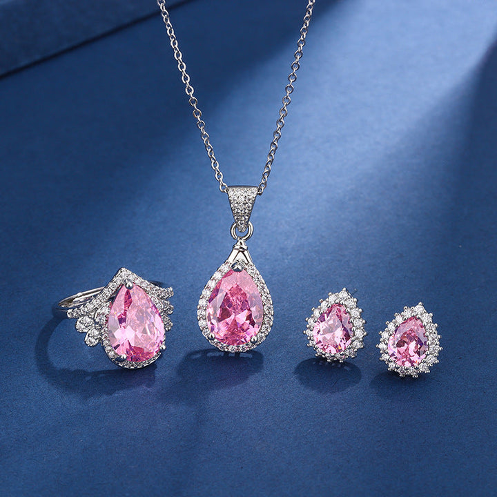 Teardrop Earrings and Necklace Set Pink White Gold Jewelry