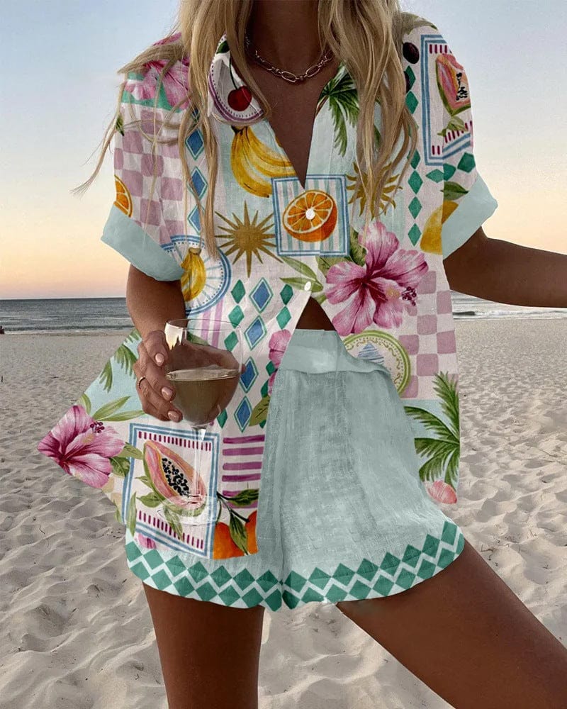 Linen Shirt and Shorts Set for Women - Two Piece Summer Outfit