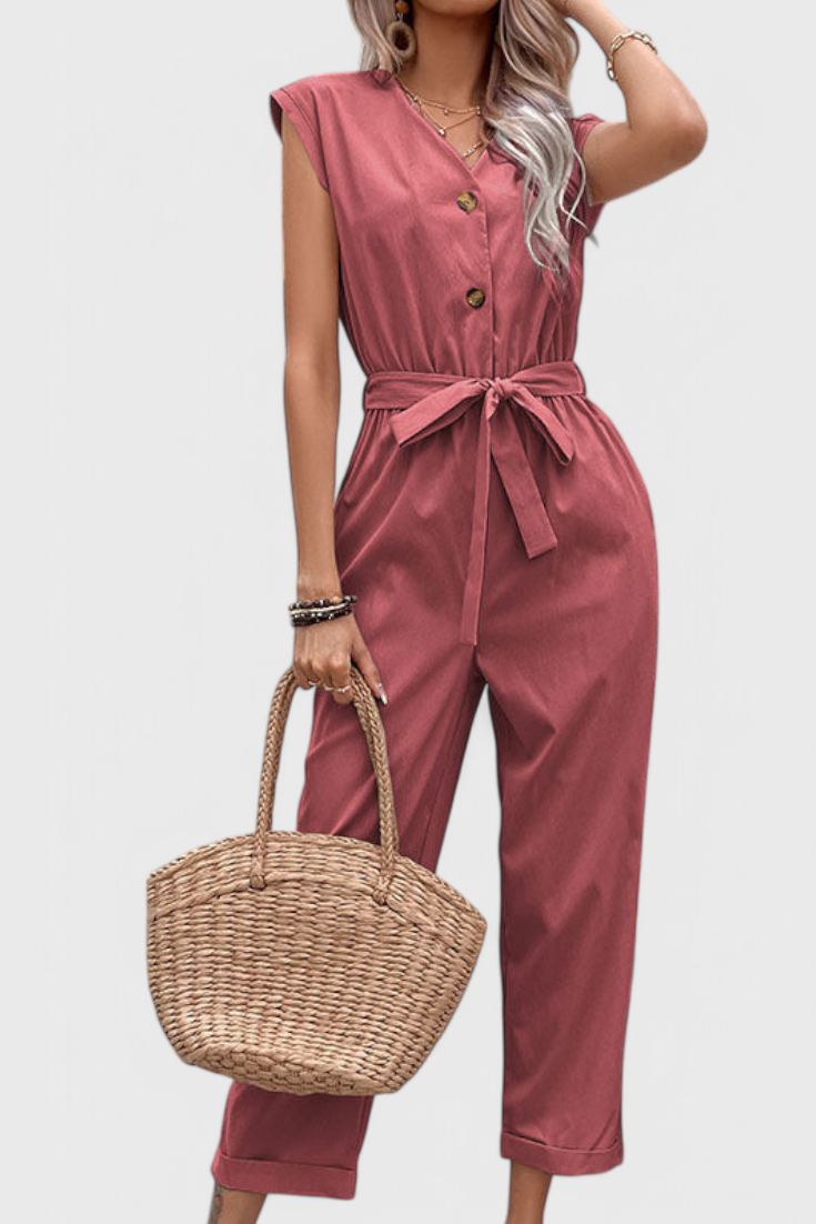 Cotton Jumpsuit for Women - Sleeveless Button Front with Tie Waist