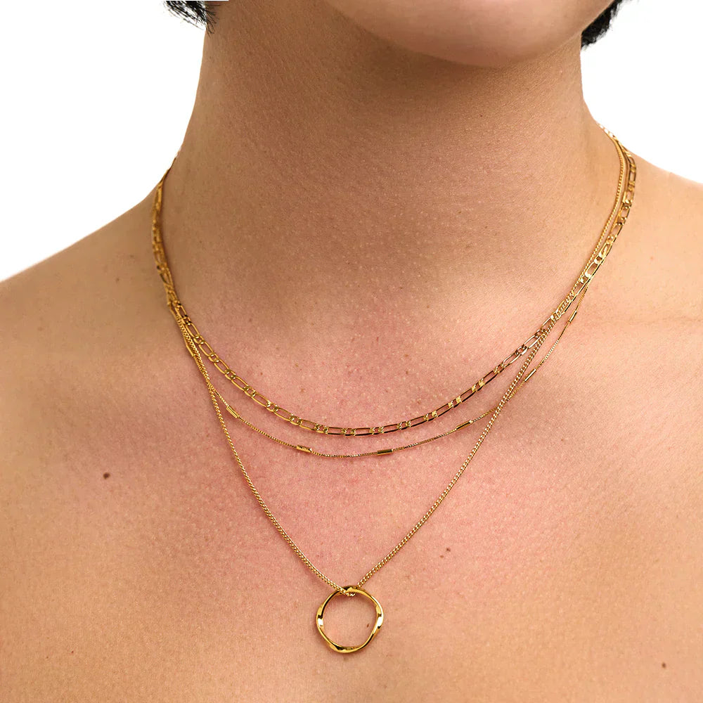 Gold Circle Necklace Three Row Layered Delicate Statement Jewelry