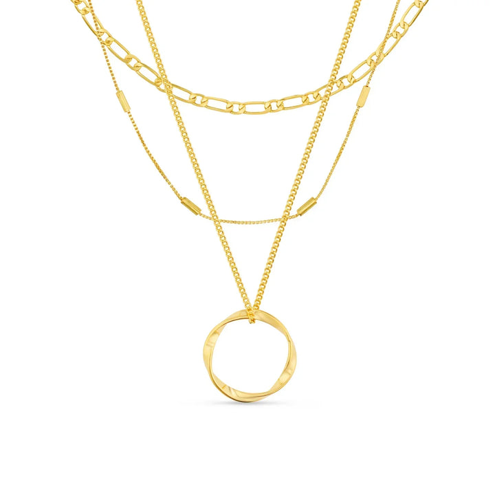 Open Circle Necklace Three Row White Gold Layered Pendant