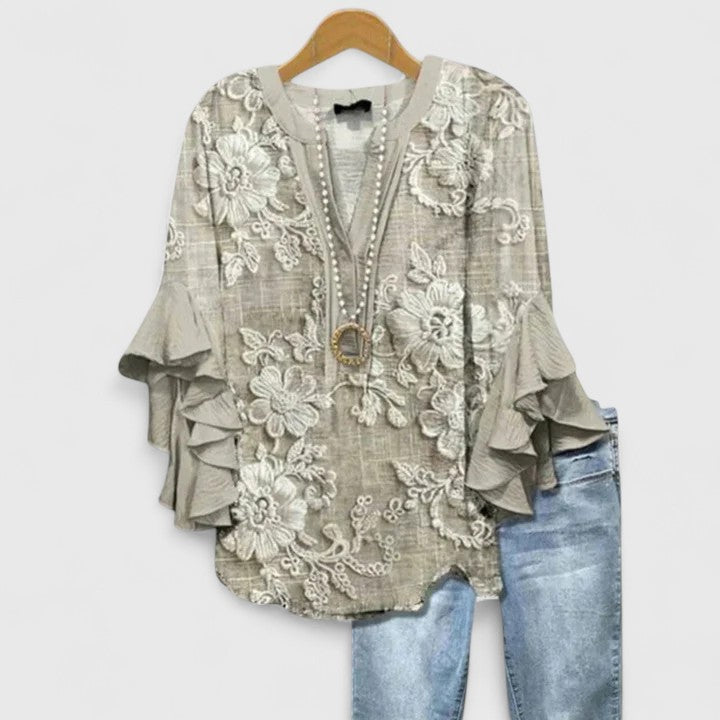Ruffle Sleeve Blouse for Women - Elegant Printed Top