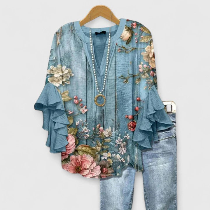 Ruffle Sleeve Blouse for Women - Elegant Printed Top