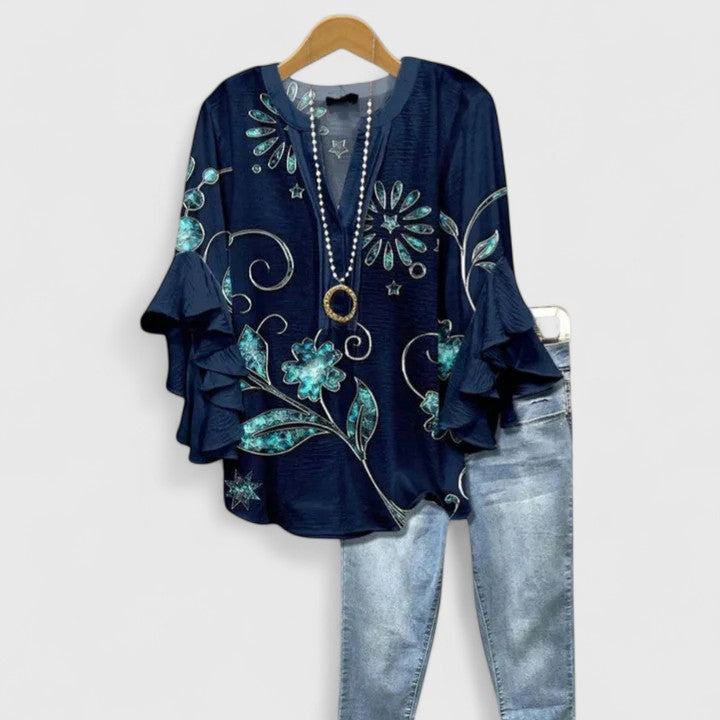 Ruffle Sleeve Blouse for Women - Elegant Printed Top