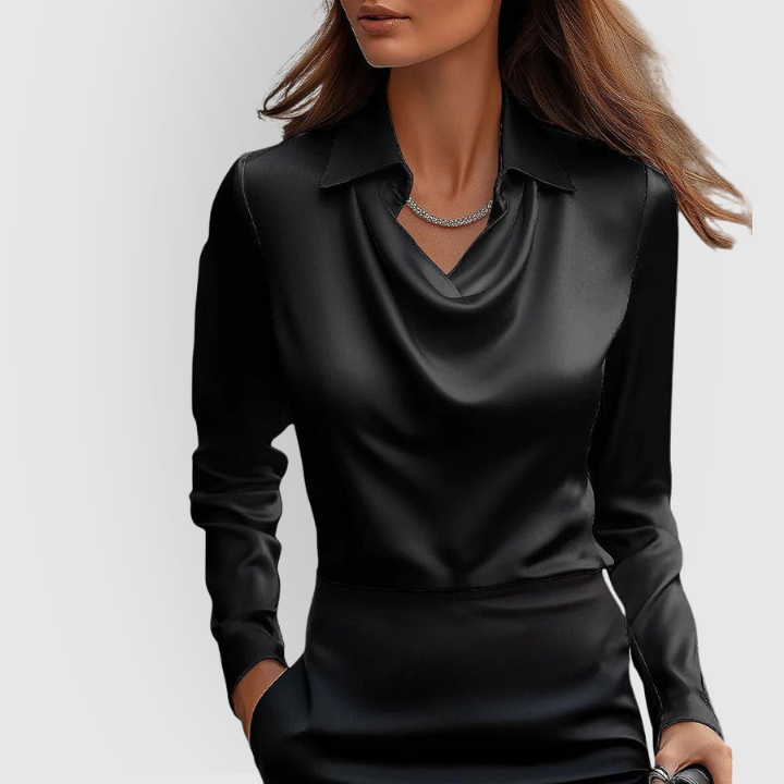 Glossy Blouse with Pleated Neckline for Women