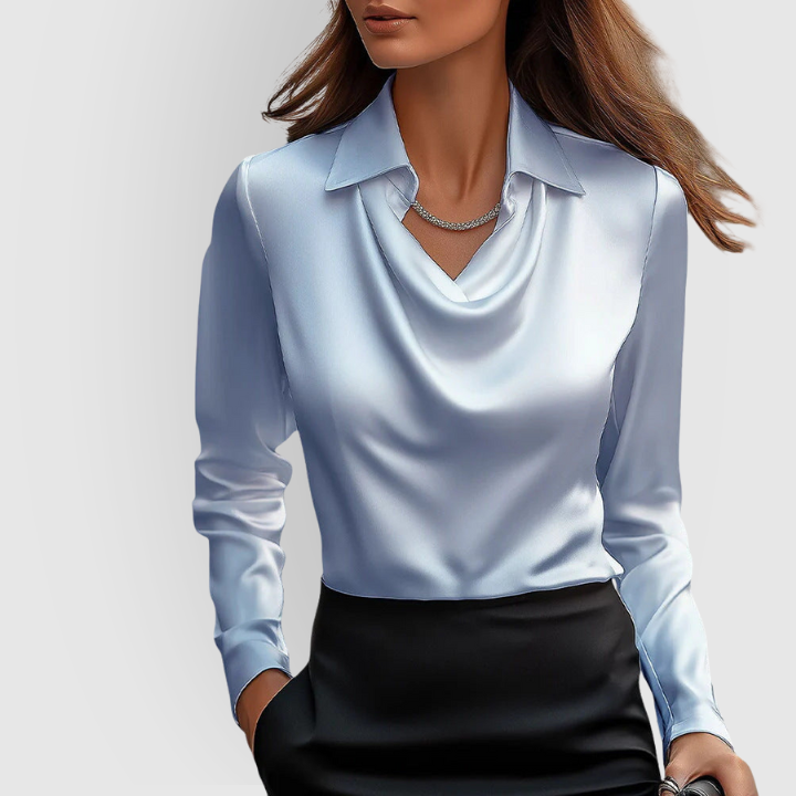 Glossy Blouse with Pleated Neckline for Women