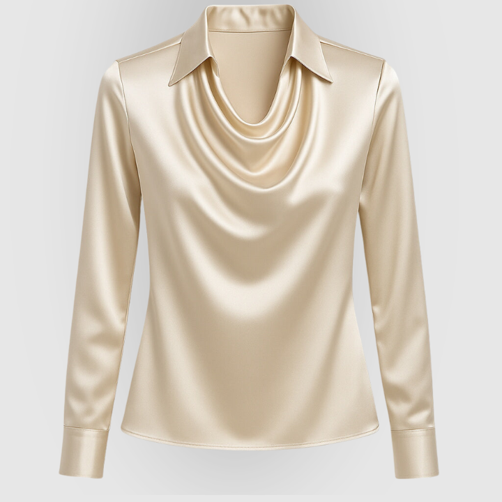 Glossy Blouse with Pleated Neckline for Women