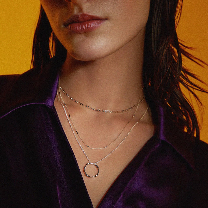 Open Circle Necklace Three Row White Gold Layered Pendant