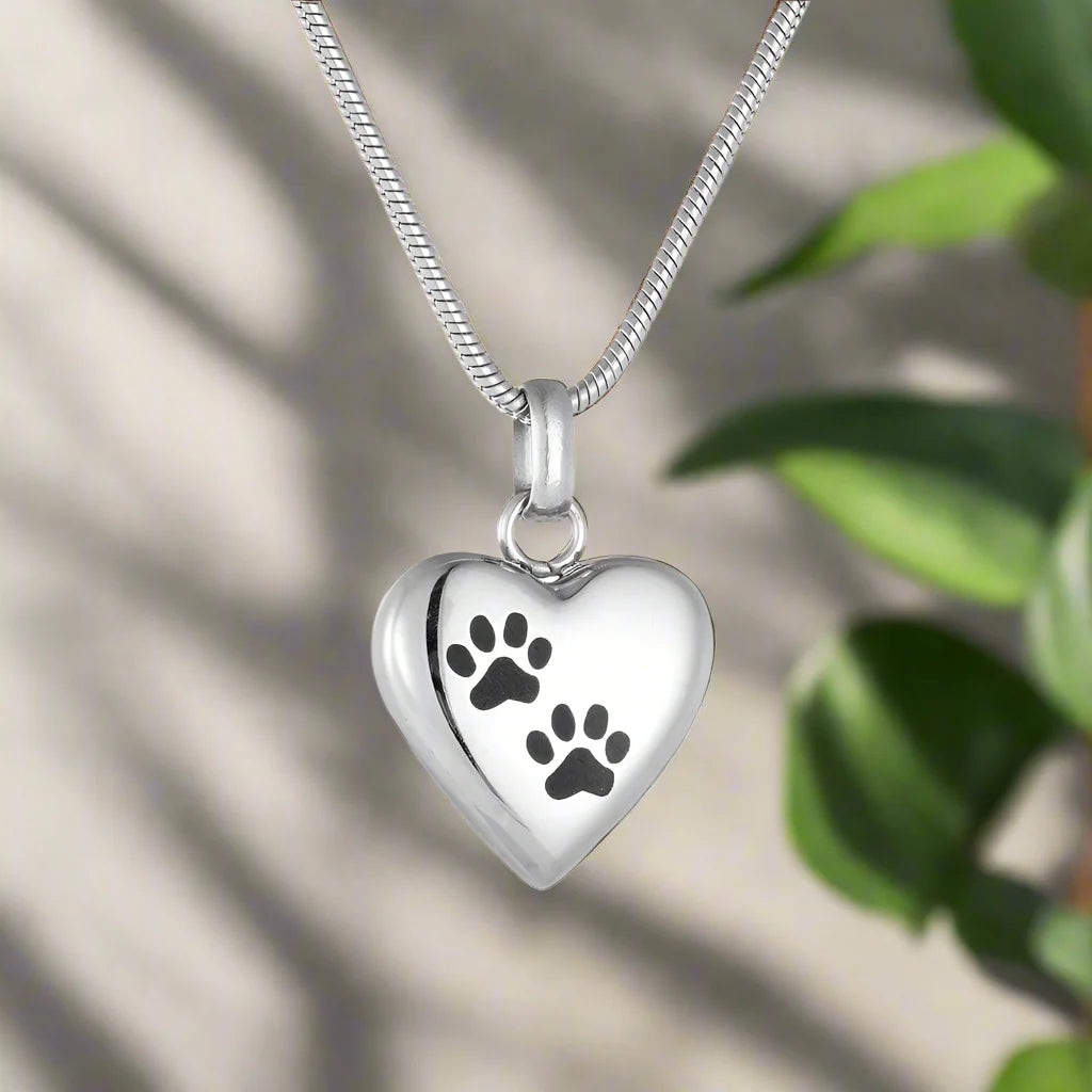Heart Urn Necklace for Ashes – Pet Memorial Jewelry with Paw Print