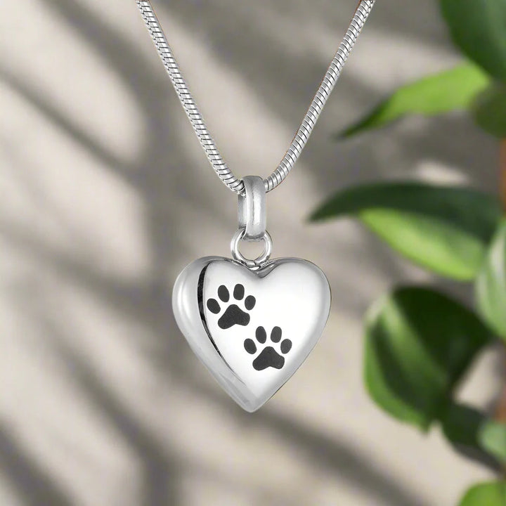 Heart Urn Necklace for Ashes – Pet Memorial Jewelry with Paw Print