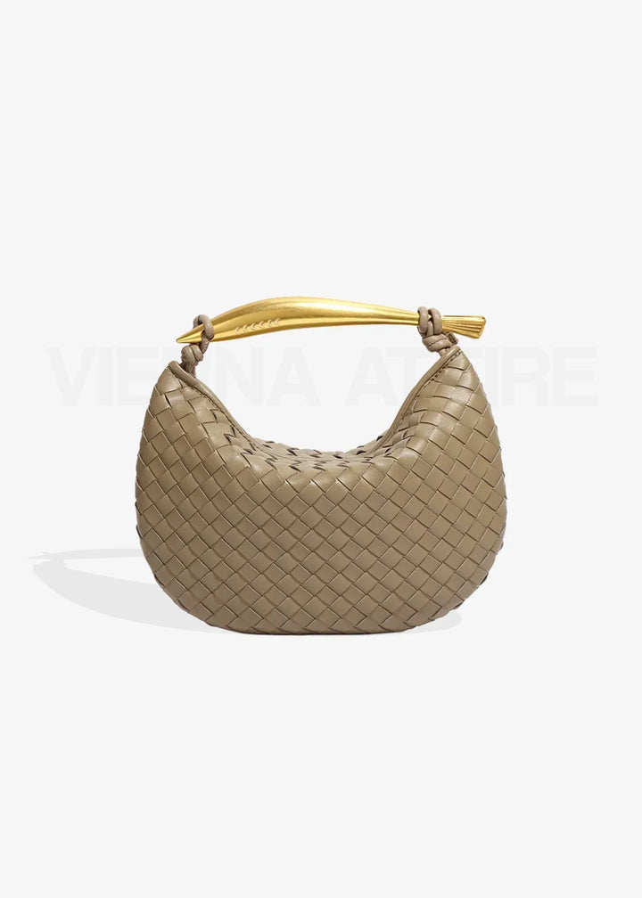 Woven Evening Bag with Gold Handle | Elegant Vegan Leather Handbag