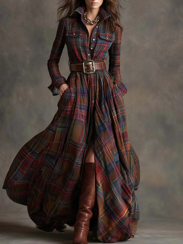Belted Plaid Maxi Dress for Women - Flowing Bohemian Style