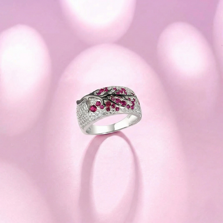 Ruby Blossom Tree Ring in White Gold | Statement Floral Jewelry