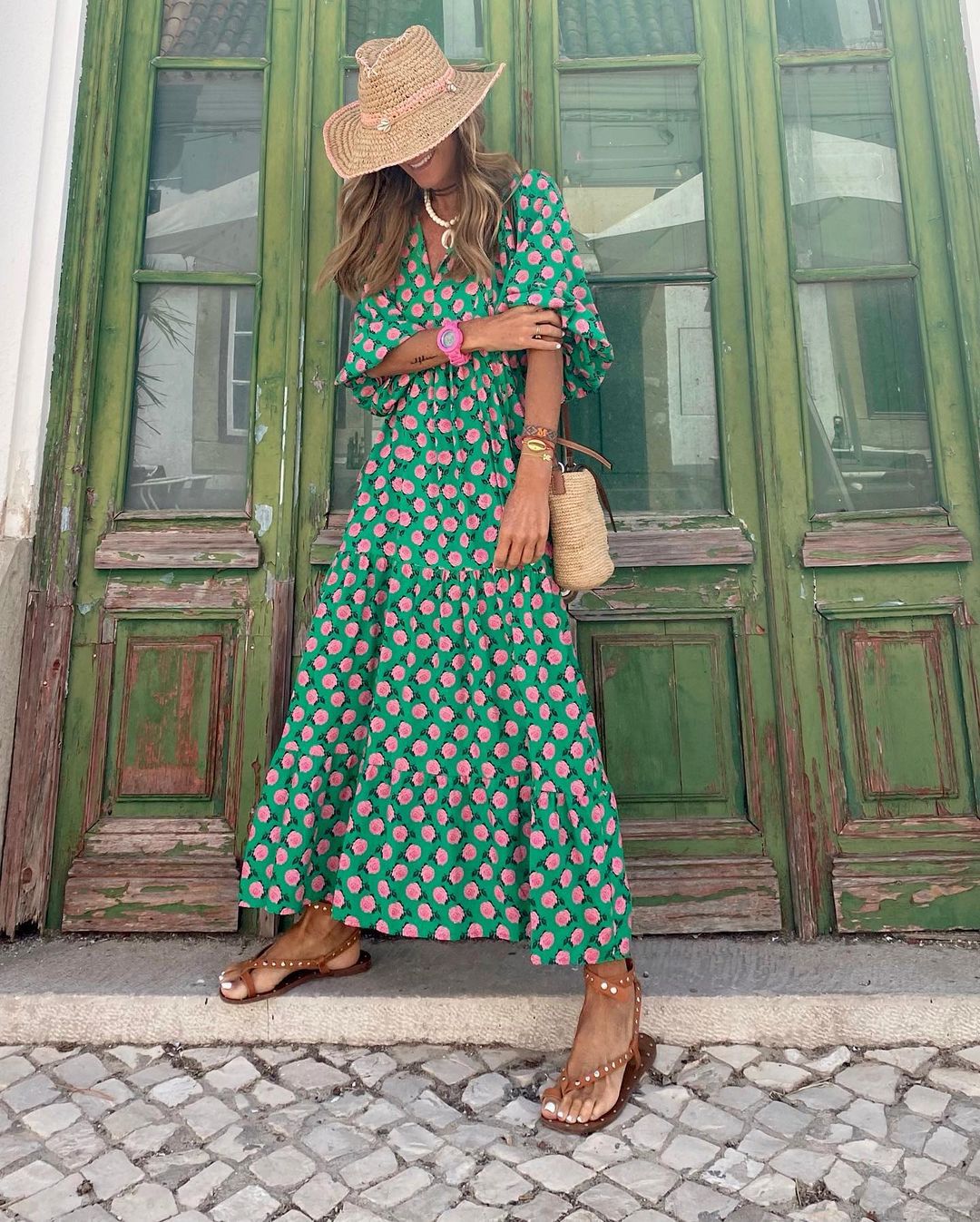 Bohemian Maxi Dress with V-Neck for Women