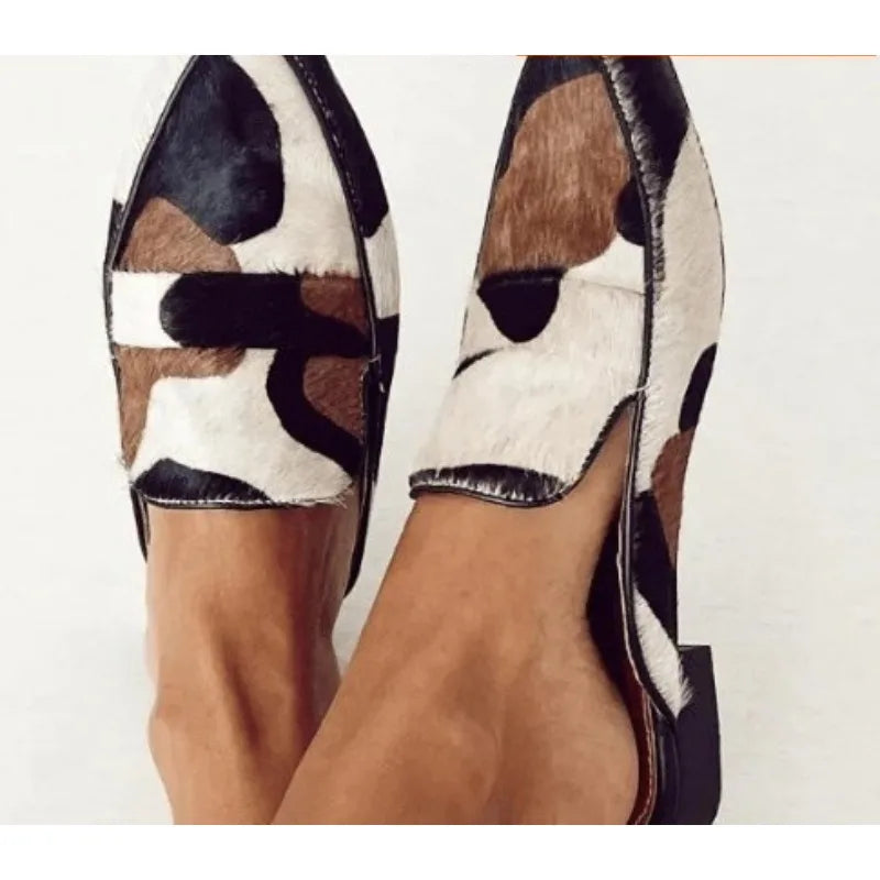Cow Print Mules for Women - Pointed Toe Slip On Flats