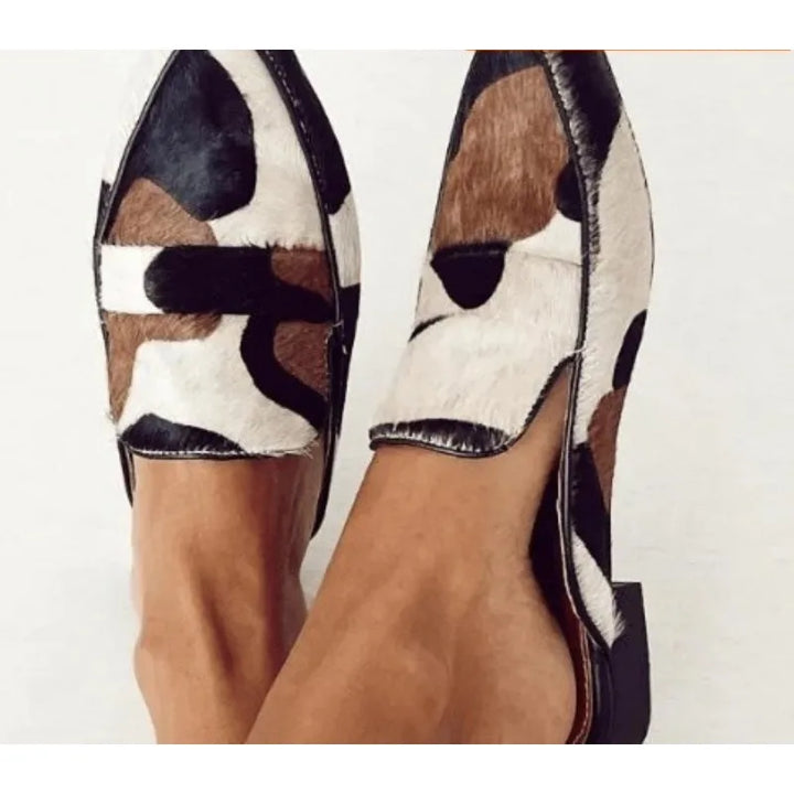 Cow Print Mules for Women - Pointed Toe Slip On Flats