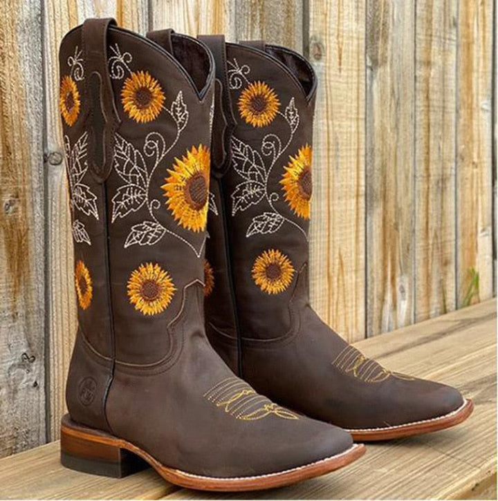 Western Boots for Women with Sunflower Embroidery and Block Heel