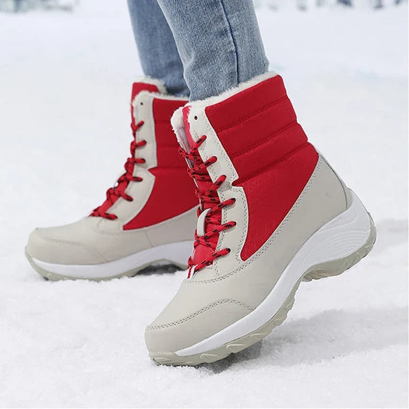Women's Waterproof Snow Boots with Faux Fur Trim and Lace Up Detail
