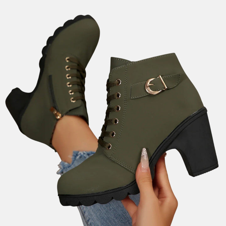 Leather Ankle Boots for Women - Lace Up Block Heel Booties