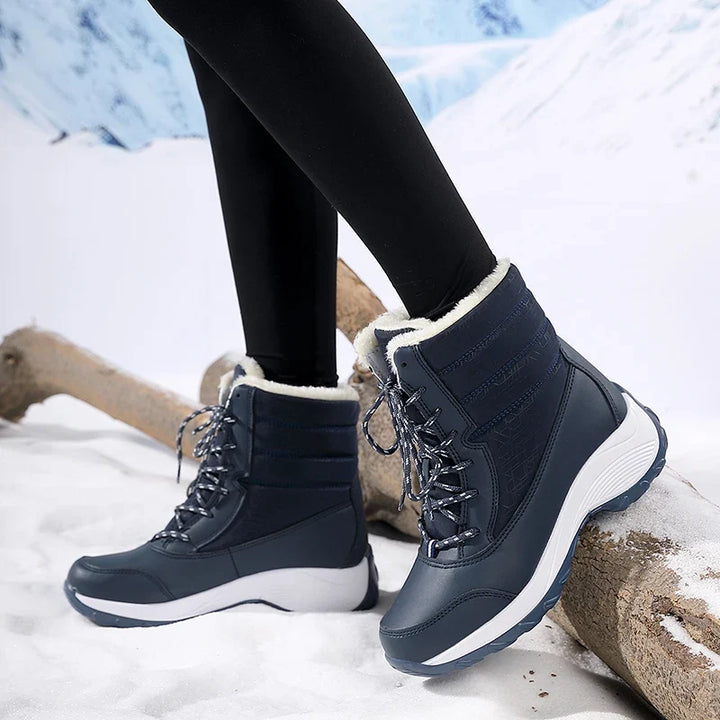 Women's Waterproof Snow Boots with Faux Fur Trim and Lace Up Detail