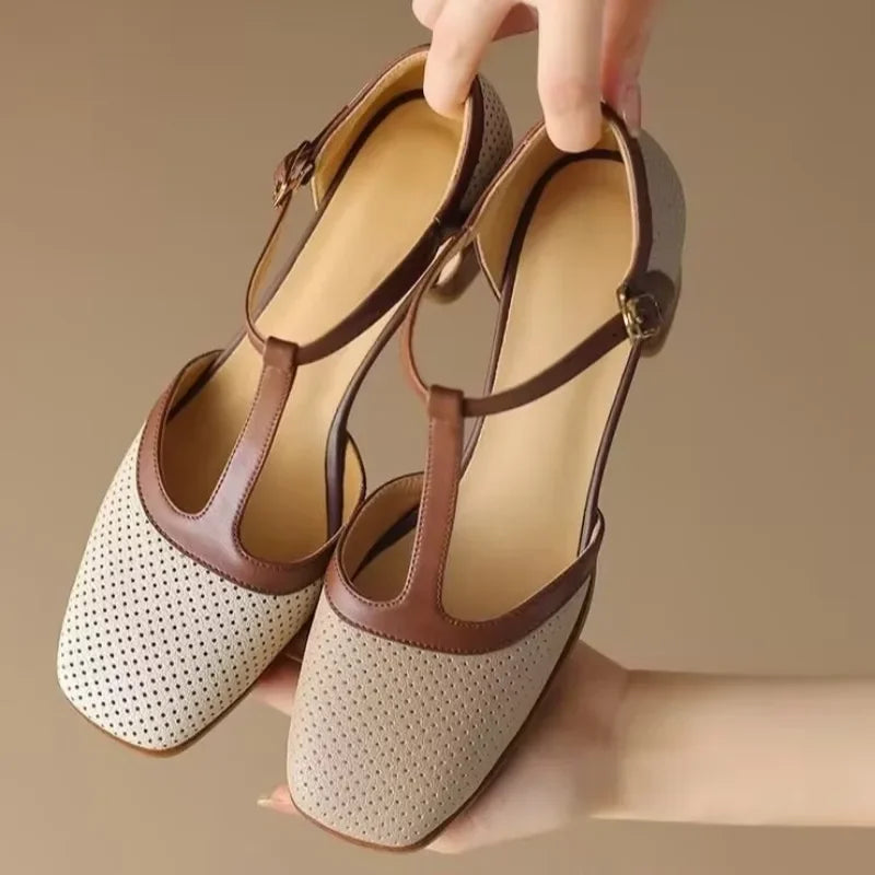 Mary Jane Mid Heel Leather Shoes - Classic Strap Pumps