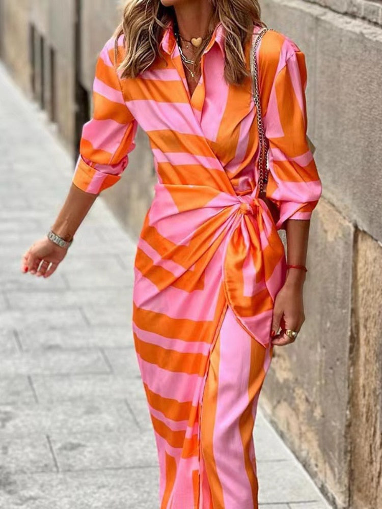 Striped Wrap Dress with Tie Waist for Women