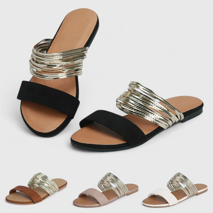 Women's Embellished Flat Sandals with Gold Accents