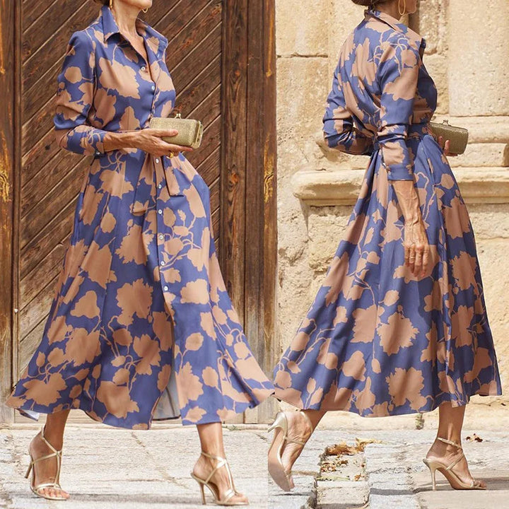 Midi Dress with Belt - Floral Print Dress for Women