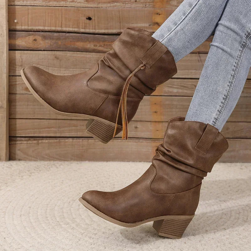 Western Ankle Boots for Women Block Heel Tassel Detail