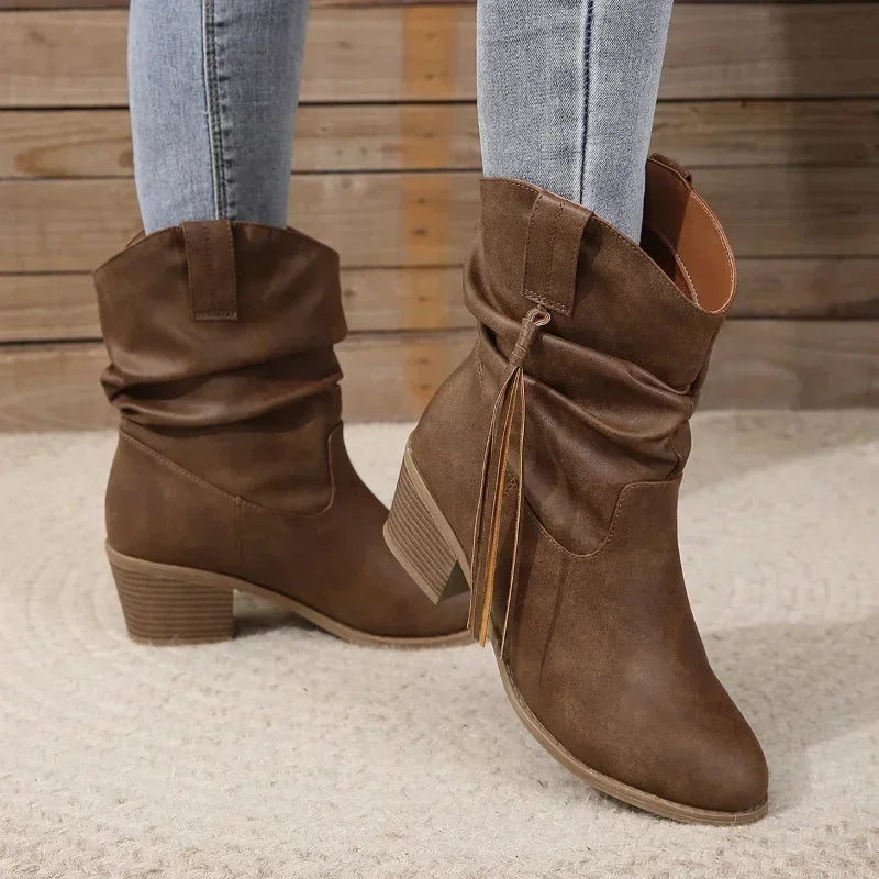 Western Ankle Boots for Women Block Heel Tassel Detail