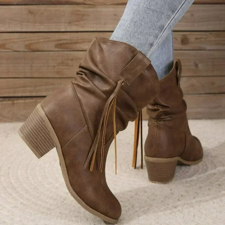 Western Ankle Boots for Women Block Heel Tassel Detail