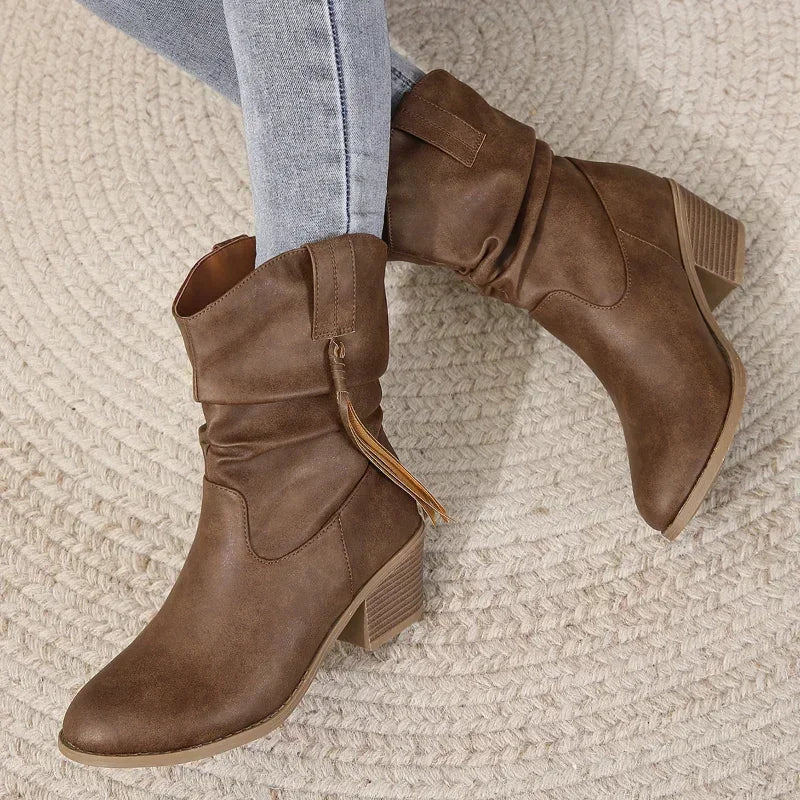 Western Ankle Boots for Women Block Heel Tassel Detail