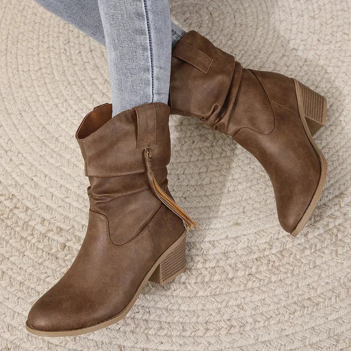 Western Ankle Boots for Women Block Heel Tassel Detail