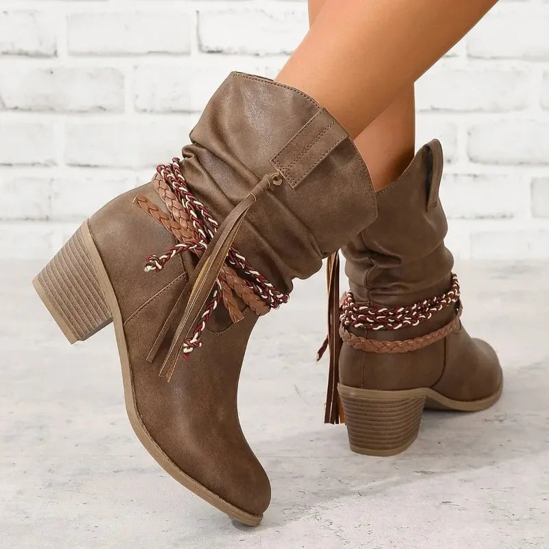 Western Ankle Boots for Women Block Heel Tassel Detail