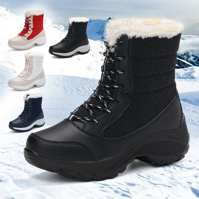 Women's Waterproof Snow Boots with Faux Fur Trim and Lace Up Detail
