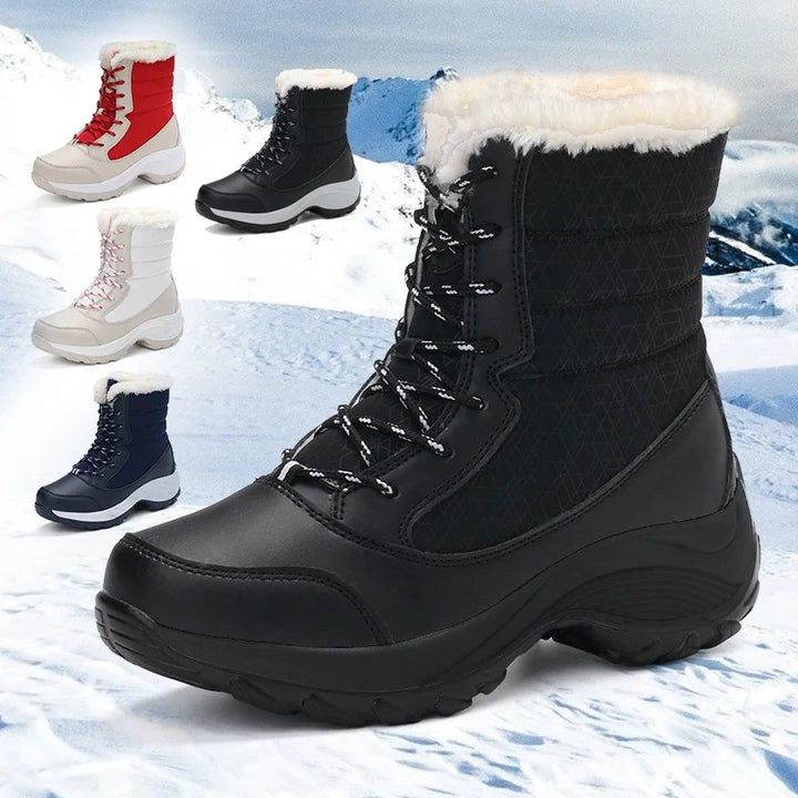 Women's Waterproof Snow Boots with Faux Fur Trim and Lace Up Detail