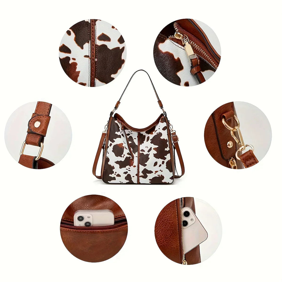 Leather Tote Bag with Matching Wristlet - Animal Print Handbag Set