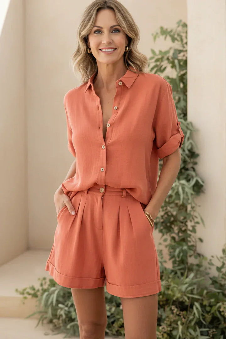 Linen Co-Ord Set for Women - Casual Button Up Shirt and Shorts