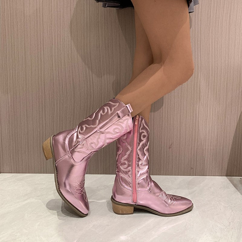 Metallic Western Knee High Boots for Women with Block Heel
