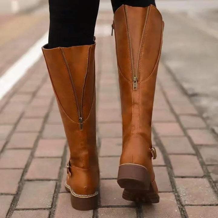Brown Knee High Boots for Women with Block Heel and Buckle Detail