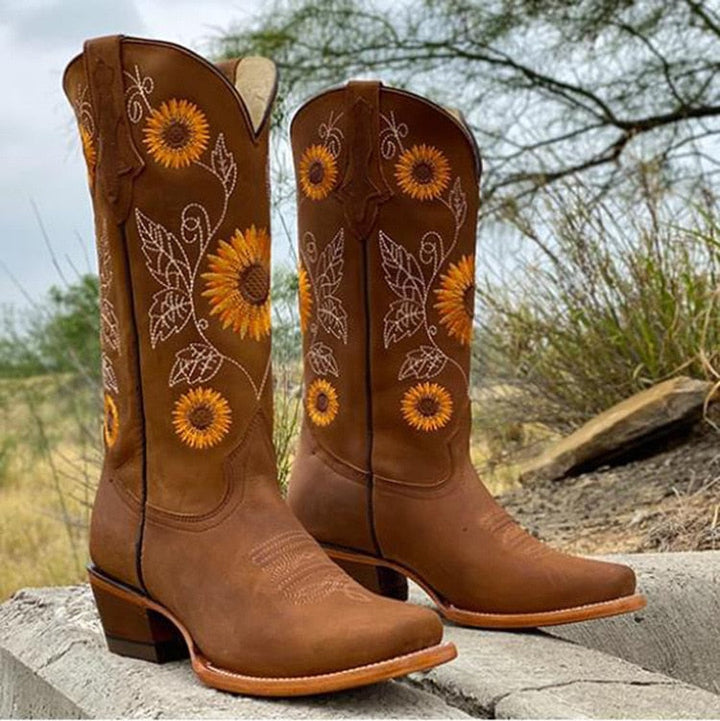 Western Boots for Women with Sunflower Embroidery and Block Heel