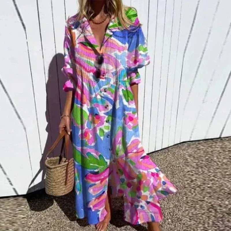 Boho Maxi Dress with V-Neck for Women - Flowy Summer Dress