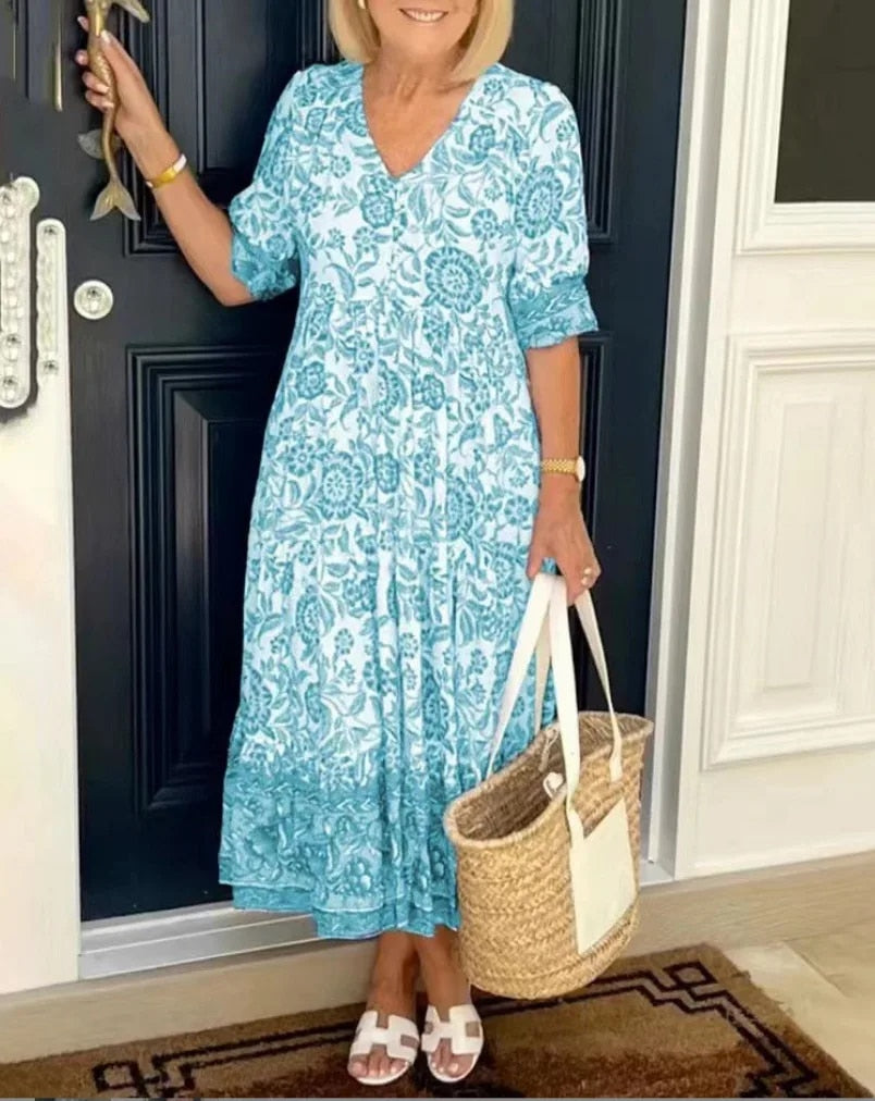 Floral V-Neck Dress for Women | Elegant Midi Dress