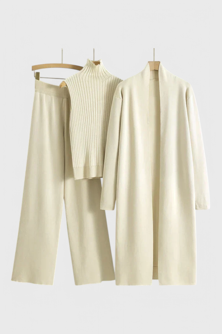 3-Piece Knit Set Long Cardigan Wide Leg Pants Turtleneck