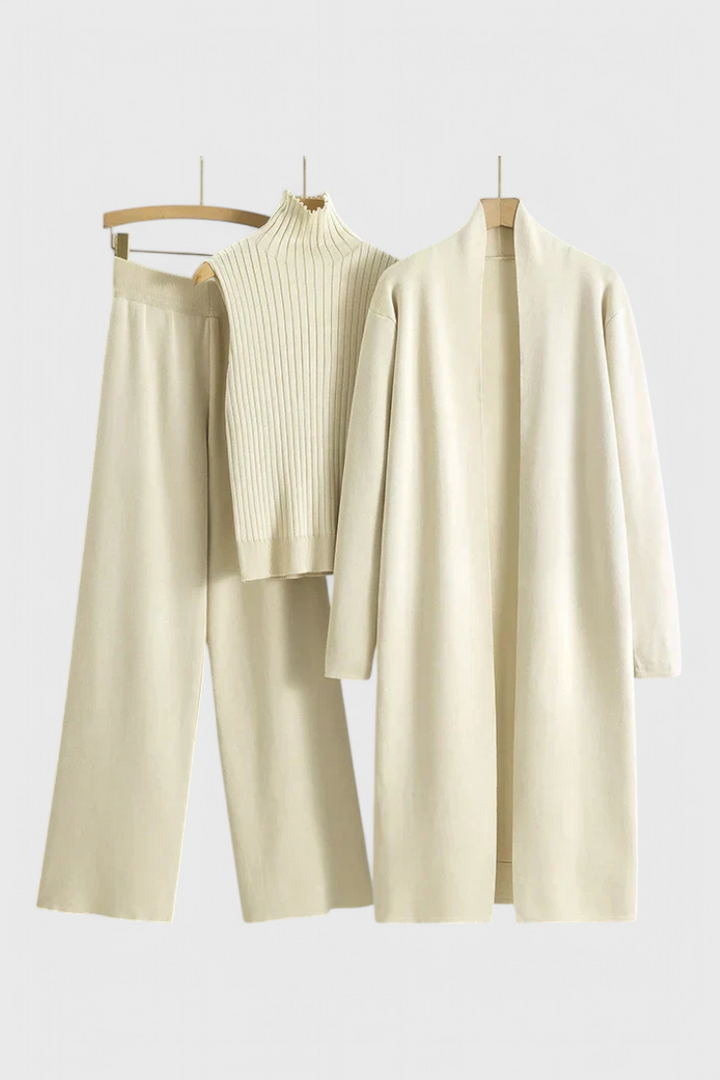 3-Piece Knit Set Long Cardigan Wide Leg Pants Turtleneck