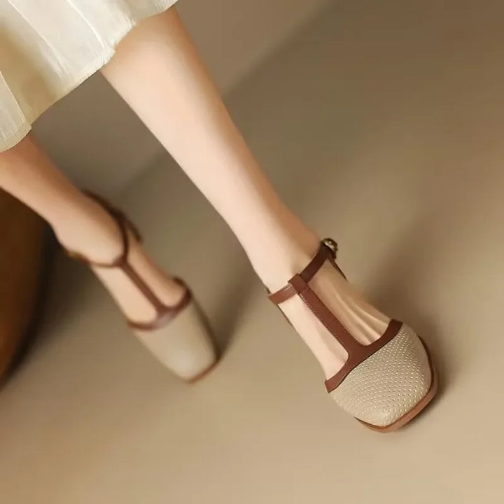 Mary Jane Mid Heel Leather Shoes - Classic Strap Pumps