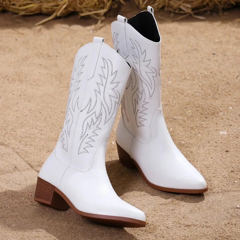 White Western Boots for Women | Embroidered Mid-Calf Block Heel