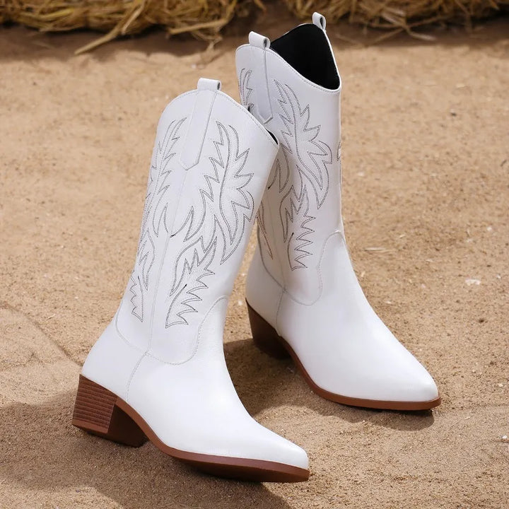 White Western Boots for Women | Embroidered Mid-Calf Block Heel