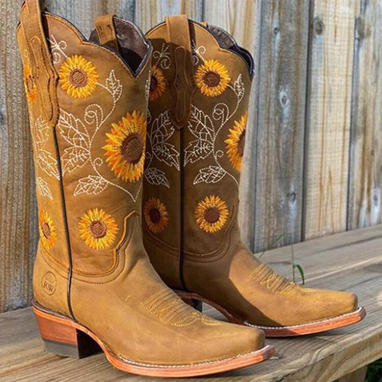 Western Boots for Women with Sunflower Embroidery and Block Heel